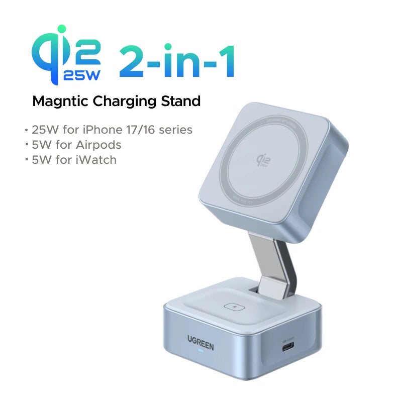 UGREEN Qi2.2 25W 2-in-1 Magnetic Wireless Charger Stand Fast Charging Stand Charger For iPhone 16 17/AirPods Magflow Charger Setup Lord