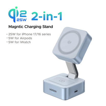 UGREEN Qi2 25W Magnetic 2-in-1 Wireless Charger Stand Fast Charging Stand Magsafe Charger For iPhone 16 17/AirPods Setup Lord