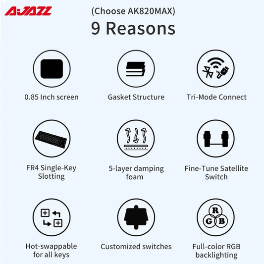 AJAZZ AK820 MAX Tri-mode RGB Gaming Mechanical Keyboard Bluetooth Wireless 2.4G Type C 82 Keys PBT Keycaps Hot Swap for Gamer PC Red Magic