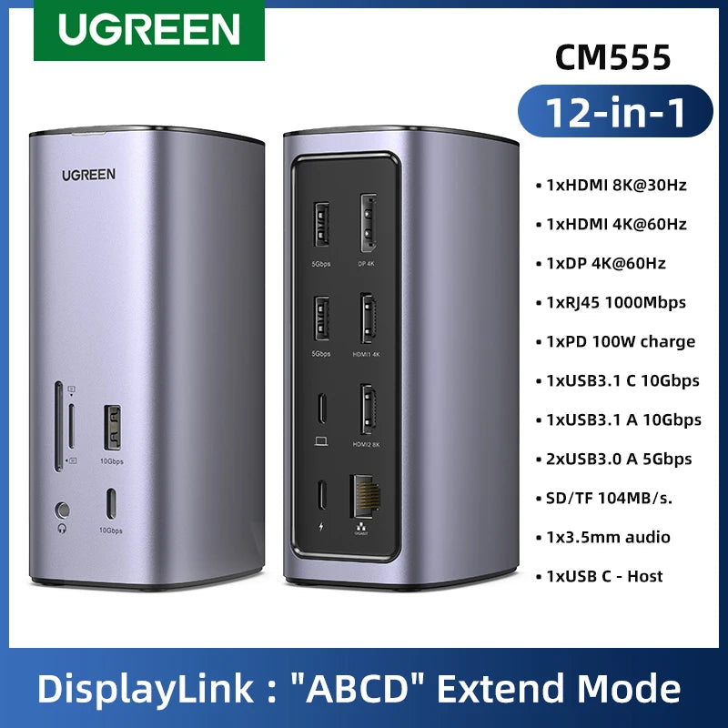 UGREEN 12-in-1 USB C Docking Station DisplayLink 8K/4K 2HDMI DP Triple Display HUB for Mac&Win 10Gbps PD100W Gigabit RJ45 SD&TF Setup Lord
