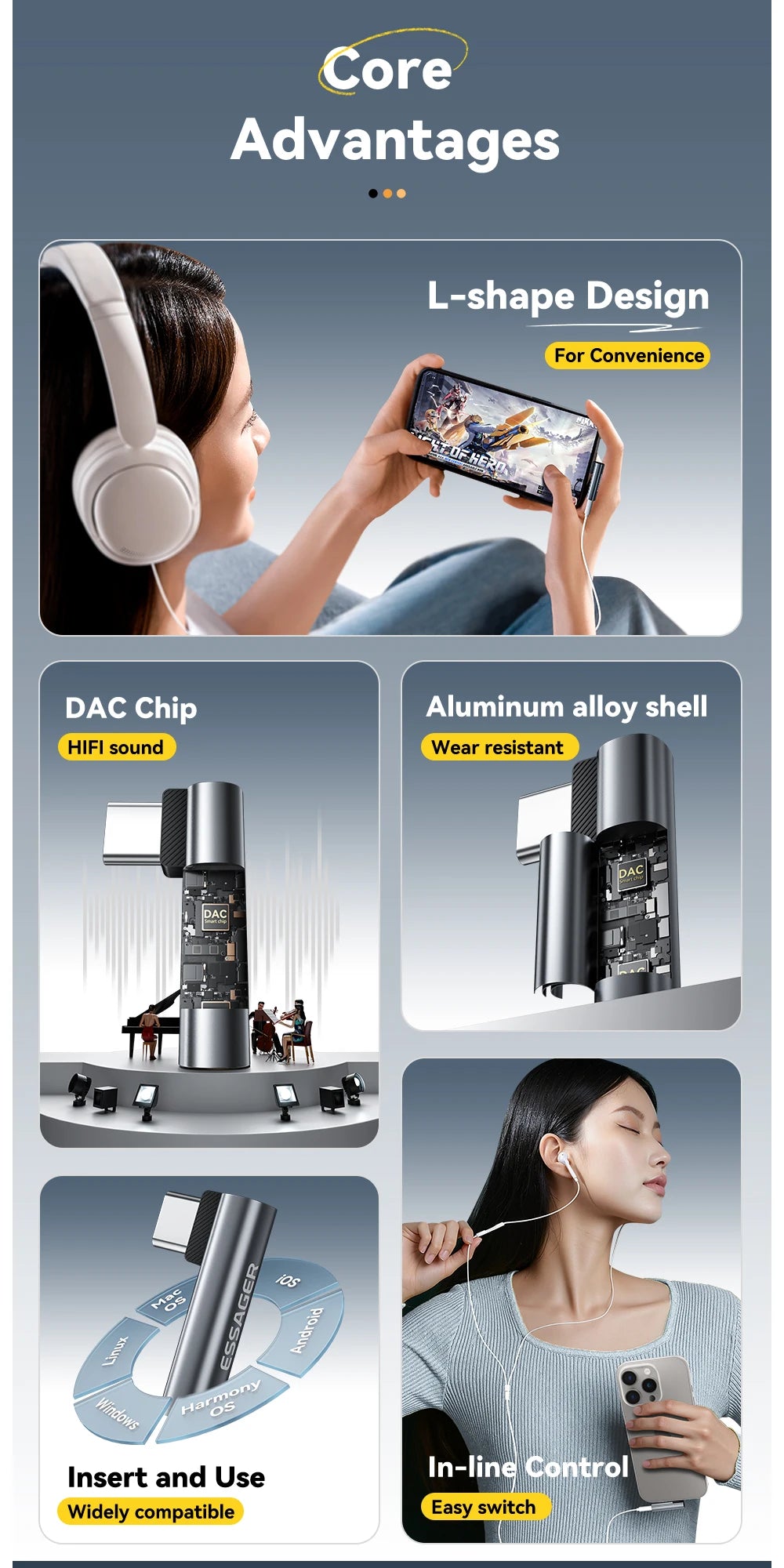 Essager L-shape Type-C to 3.5mm Jack Audio Adapter for iPhone 16 15 Samsung Lightning to 3.5mm Headphone Adapter for iPhone14 13 Red Magic