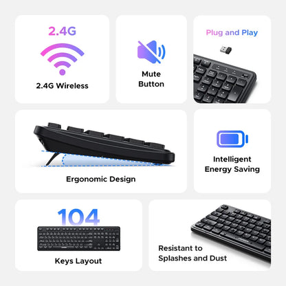 UGREEN 2.4G Wireless Keyboard 104 Keys Ultra-Slim US RU Layout Wireless Keyboard Black for PC Laptop Desktop Setup Lord