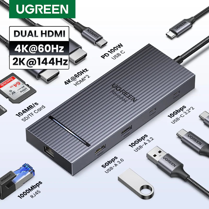 UGREEN USB C HUB 10-in-1 4K60Hz HDMI USB3.2 10Gbps PD100W RJ45 SDTF USB Splitter for Laptop Macbook Pro Air iPad Docking Station Setup Lord
