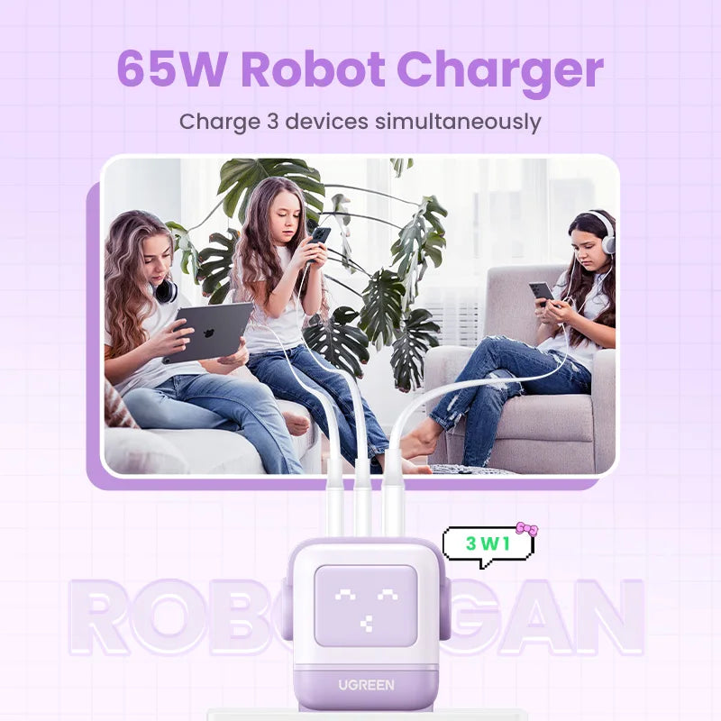 UGREEN 65W GaN Charger Uno Robot Design Quick Charge 4.0 3.0 PPS for iPhone 17 16 Pro Macbook Air Laptop Tablet PD Fast Charger Setup Lord