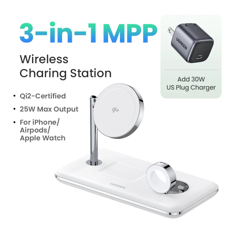 UGREEN MFi for Magsafe 25W Wireless Charger Stand 15W 3-in-1 Charging Station For iPhone 15 16 Pro Max For Apple Watch AirPods Setup Lord
