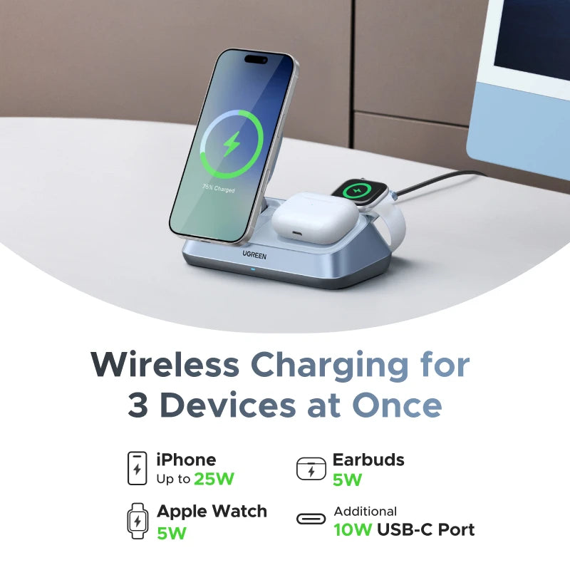 UGREEN Qi2 25W MAX Magnetic Wireless Charger Stand 3- in-1 Charging For iPhone 17 Pro Max/AirPods 4 For MagSafe Fast Charger Setup Lord