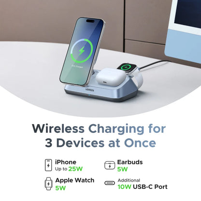UGREEN Qi2 25W MAX Magnetic Wireless Charger Stand 3- in-1 Charging For iPhone 17 Pro Max/AirPods 4 For MagSafe Fast Charger Setup Lord