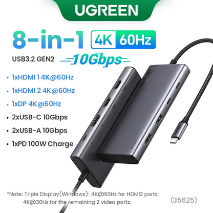 UGREEN 13-in-1 USB-C HUB Triple Display 4K Dual HDMI DP 10Gbps USB3.2 PD100W SD/TF Docking Station for MacBook Pro Air Dell XPS Setup Lord
