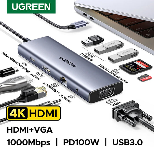 UGREEN USB HUB Dual Monitor Type-C to 4K HDMI VGA Gigabit RJ45 SD&TF USB3.0 Ports PD100W Dock for MacBook Dell HP Accessories Setup Lord