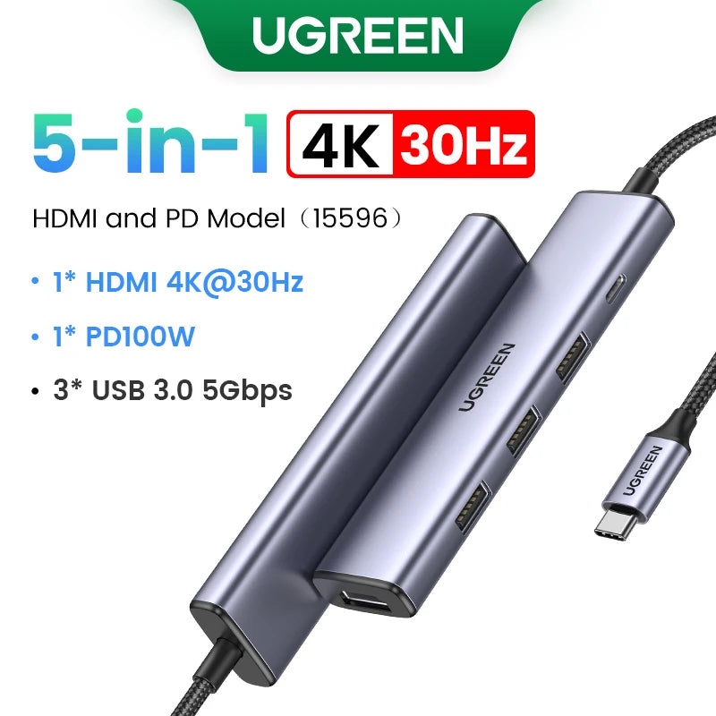 UGREEN USB HUB 4K120Hz DP Type-C to 4K60Hz 2xHDMI SD/TF RJ45 3.5mm USB3.2 Gen2 10Gbps Data for Laptop Dell HP Lenovo Accessories Setup Lord