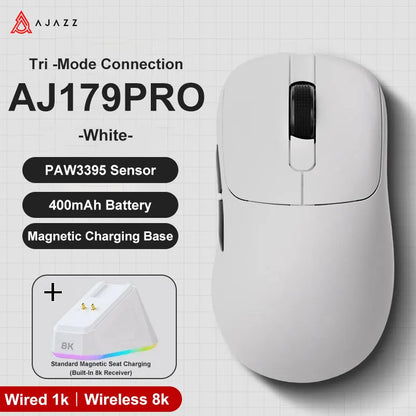 AJAZZ AJ179 PRO PAW3395 Lightweight Wired Wireless Mouse with Magnetic Charging Base Ergonomic Macro Gaming Mouse for PC Laptop Red Magic