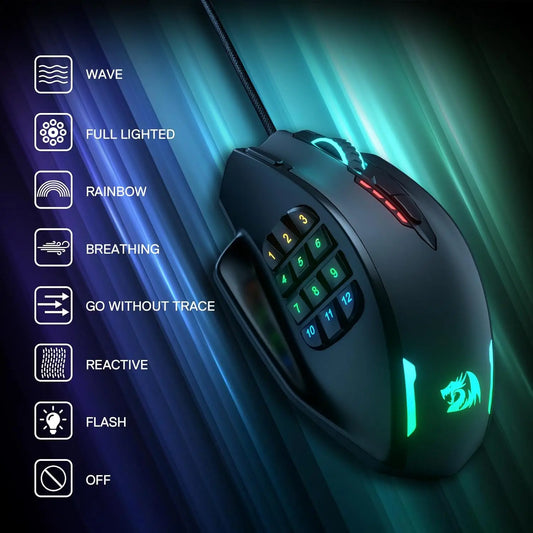 Redragon M908 RGB Backlight LED USB Wired Gaming Mouse 18 Programmable Mouse Buttons 12400 DPI Red Magic