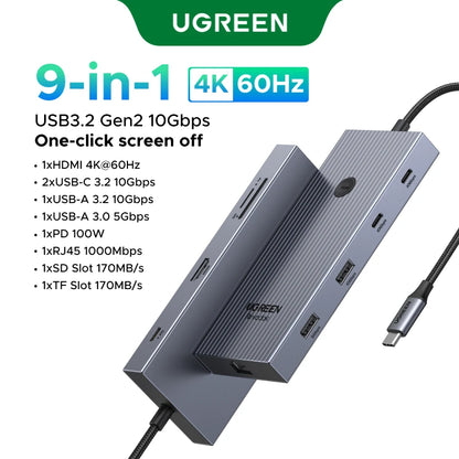 UGREEN USB HUB 4K120Hz DP Type-C to 4K60Hz 2xHDMI SD/TF RJ45 3.5mm USB3.2 Gen2 10Gbps Data for Laptop Dell HP Lenovo Accessories Setup Lord