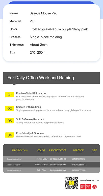 Baseus Simple Color PU Leather Mouse Mat Anti-slip Waterproof 26*21cm Mouse Pad School Supplies Office Accessories Desk Set Red Magic