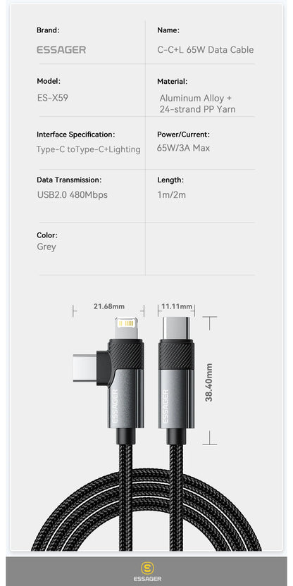 Essager 2 in 1 USB Type C Cable 65W PD Fast Charging Wire Type C To Lightning Cable For iPhone 15 14 Pro Max MacBook iPad Xiaomi Red Magic