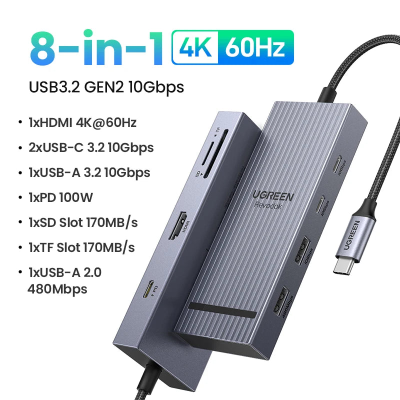 UGREEN USB-C HUB 8-in-1 Type-C to 4K60Hz HDMI USB-A&C 3.2 Gen 2 10Gbps PD100W SD/TF for MacBook Pro/Air Dell XPS Docking Station Setup Lord