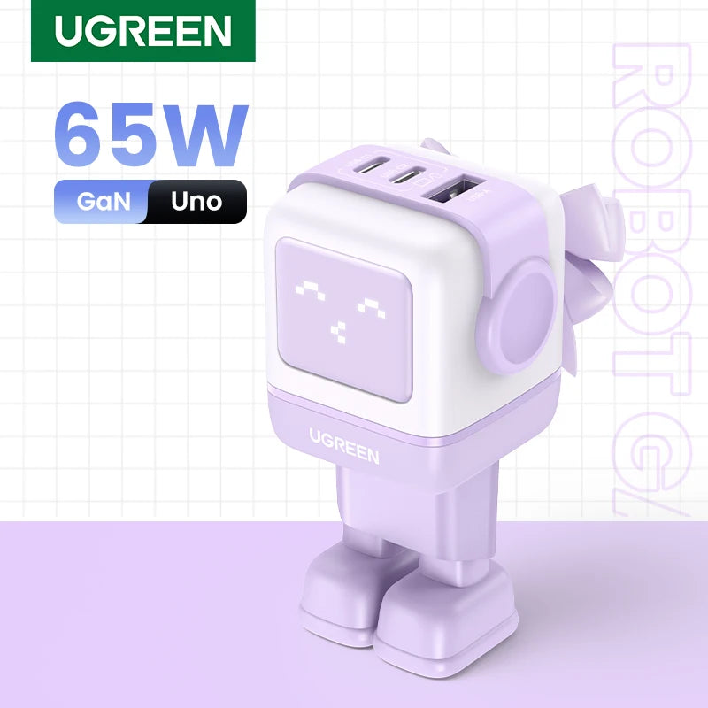 UGREEN 65W GaN Charger Uno Robot Design Quick Charge 4.0 3.0 PPS for iPhone 17 16 Pro Macbook Air Laptop Tablet PD Fast Charger Setup Lord