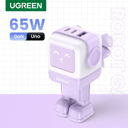 UGREEN 65W GaN Charger Uno Robot Design Quick Charge 4.0 3.0 PPS for iPhone 17 16 Pro Macbook Air Laptop Tablet PD Fast Charger Setup Lord