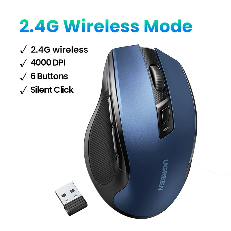 UGREEN Wireless Mouse Bluetooth5.0 Mouse Ergonomic 4000DPI 6 Mute Buttons Mouse For MacBook Tablet Laptops Computer PC 2.4G Mice Setup Lord