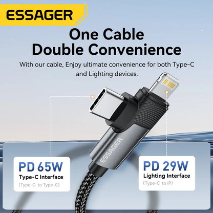 Essager 2 in 1 USB Type C Cable 65W PD Fast Charging Wire Type C To Lightning Cable For iPhone 15 14 Pro Max MacBook iPad Xiaomi Red Magic