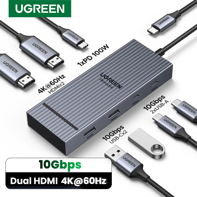 UGREEN USB C HUB Dual HDMI 7-in-1 Type-C to 4K60Hz 2HDMI 10Gbps USB-A&C Ports PD100W for MacBookPro Laptop USB Splitter Docking Setup Lord