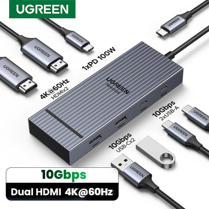 UGREEN USB C HUB Dual HDMI 7-in-1 Type-C to 4K60Hz 2HDMI 10Gbps USB-A&C Ports PD100W for MacBookPro Laptop USB Splitter Docking Setup Lord