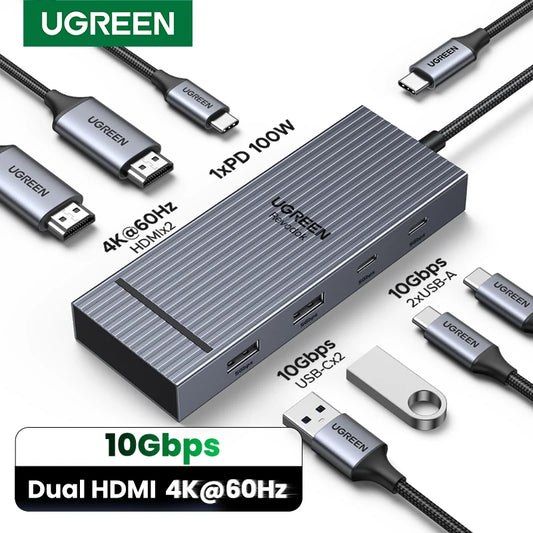 UGREEN USB C HUB Dual HDMI 7-in-1 Type-C to 4K60Hz 2HDMI 10Gbps USB-A&C Ports PD100W for MacBookPro Laptop USB Splitter Docking Setup Lord