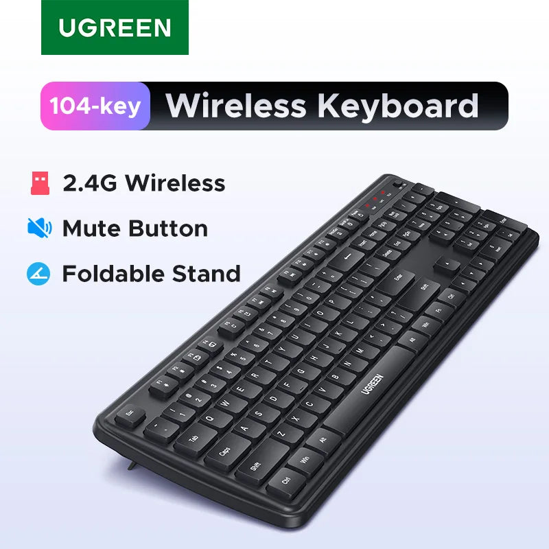 UGREEN 2.4G Wireless Keyboard 104 Keys Ultra-Slim US RU Layout Wireless Keyboard Black for PC Laptop Desktop Setup Lord