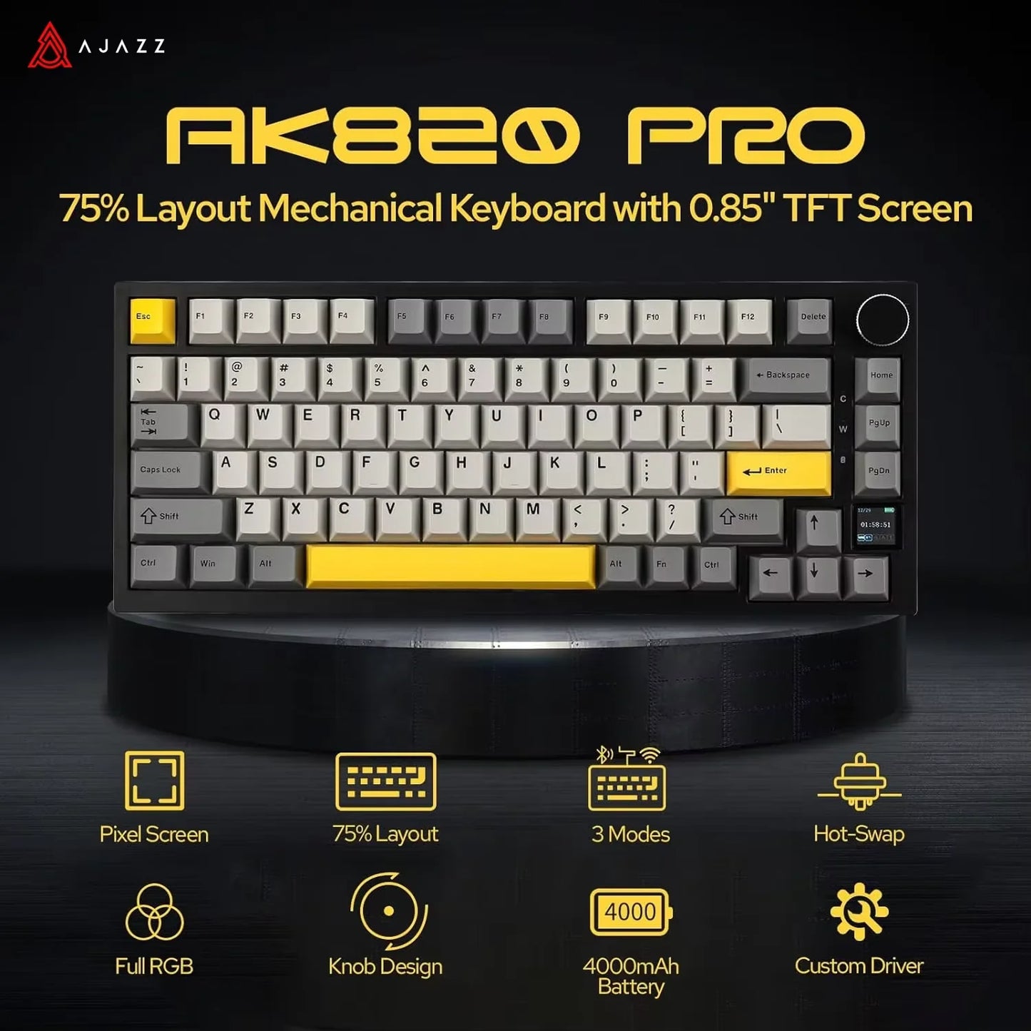 Ajazz AK820/AK820Pro Gaming Mechanical Keyboard Bluetooth 5.1/Wireless/C-Wired Customized Keyboard with Knob Hot Swapping Gasket Red Magic
