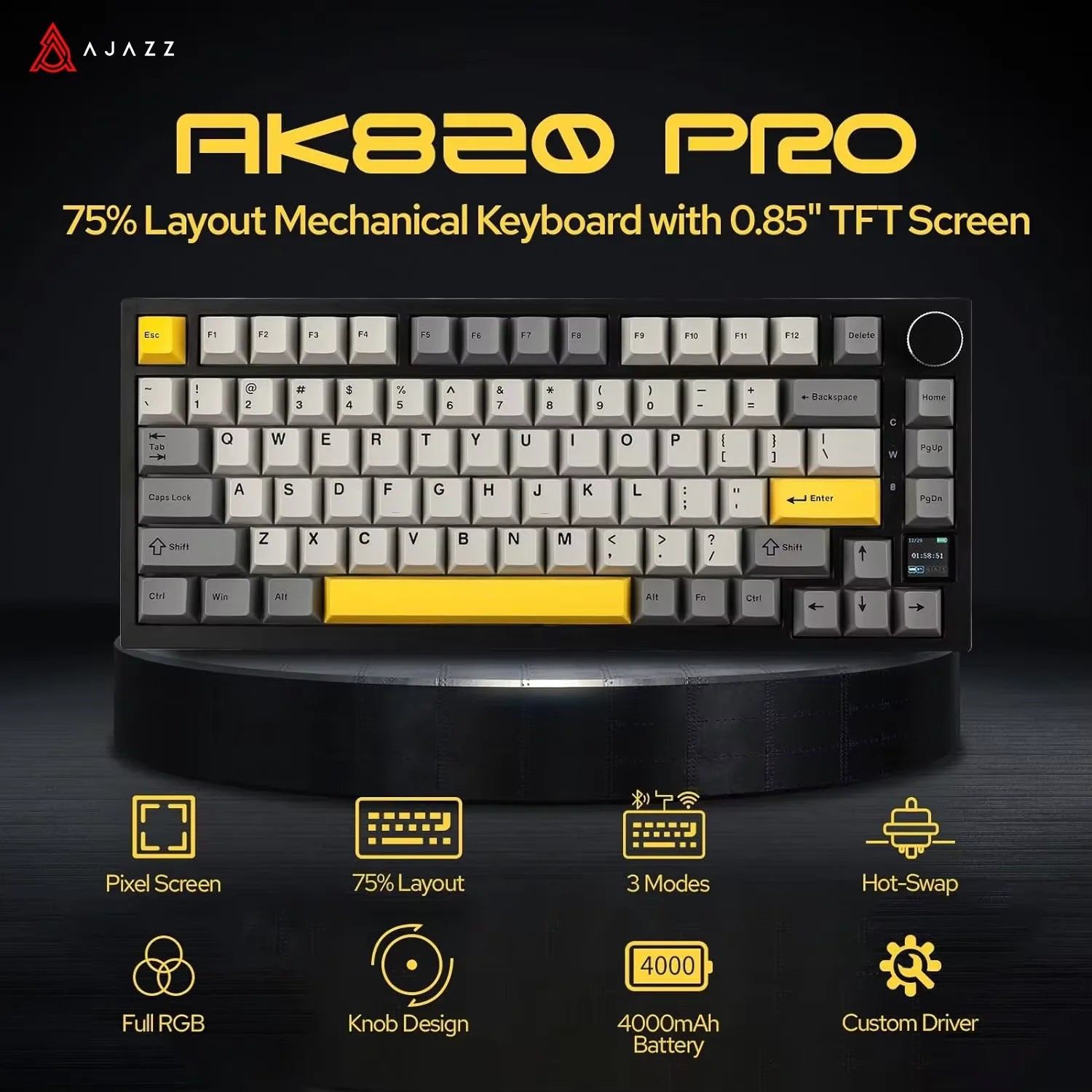 Ajazz AK820/AK820Pro Gaming Mechanical Keyboard Bluetooth 5.1/Wireless/C-Wired Customized Keyboard with Knob Hot Swapping Gasket Red Magic