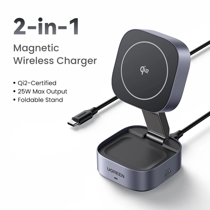 UGREEN Qi2.2 25W 2-in-1 Magnetic Wireless Charger Stand Fast Charging Stand Charger For iPhone 16 17/AirPods Magflow Charger Setup Lord