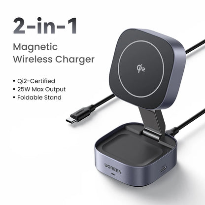 UGREEN Qi2 25W Magnetic 2-in-1 Wireless Charger Stand Fast Charging Stand Magsafe Charger For iPhone 16 17/AirPods Setup Lord