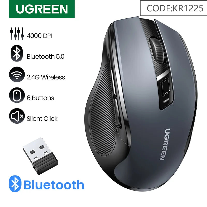 UGREEN Wireless Mouse Bluetooth5.0 Mouse Ergonomic 4000DPI 6 Mute Buttons Mouse For MacBook Tablet Laptops Computer PC 2.4G Mice Setup Lord