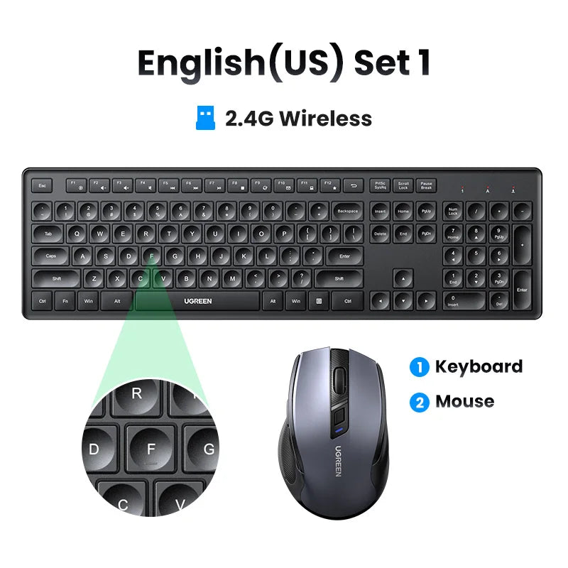 UGREEN Wireless Keyboard 2.4GHz 104 Keys Layout for Laptop Desktop Windows Mac OS PC Accessories English Russian Korean Keycaps Setup Lord