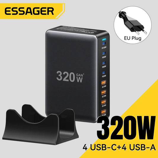 Essager 320W GaN Charger 8Port USB Type C Desktop Charging Station PD 100W Fast Charging For iPhone 17 16 15 iPad MacBook Laptop Red Magic