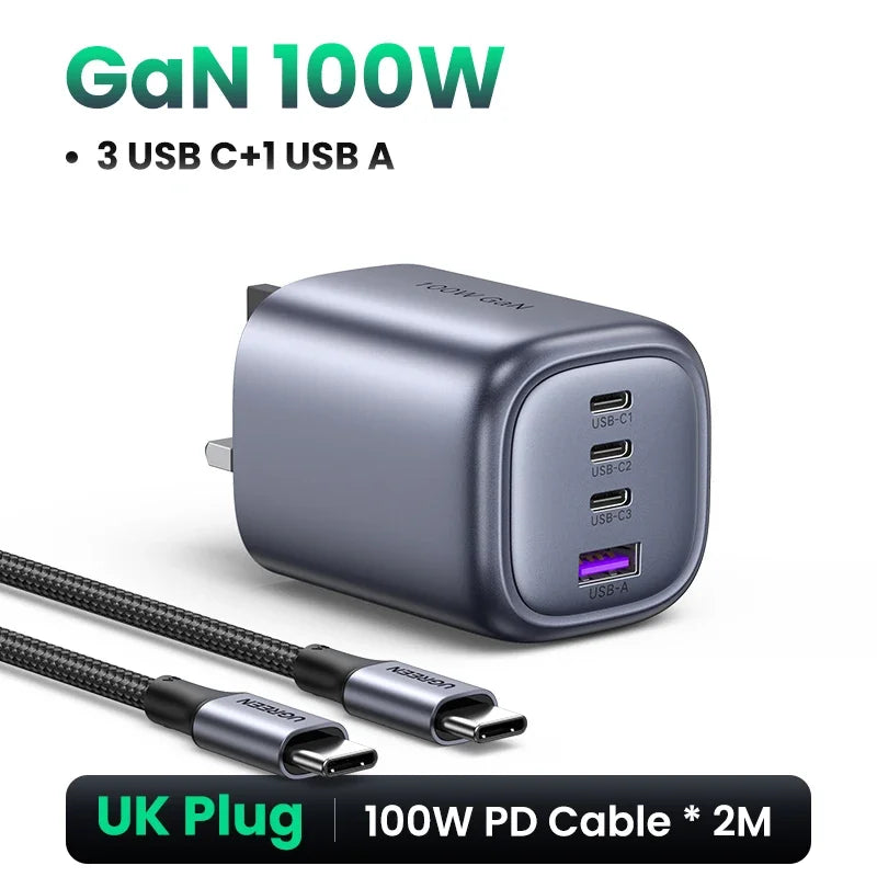 UGREEN UK Plug GaN 100W 65W Fast Charger QC 4.0 3.0  for Macbook Air Tablet iPhone 17 16 15 Pro Max Xiaomi USB Type C PD Charger Setup Lord