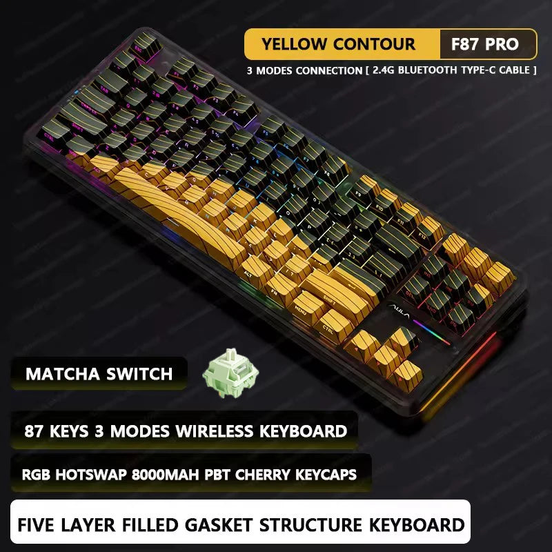 AULA F87Pro Mechanical Keyboard 2.4g/Usb/Bluetooth Tri Mode Wireless 87 Key 5 Layer Silencing Filling Suitable For Gaming+Typing Red Magic