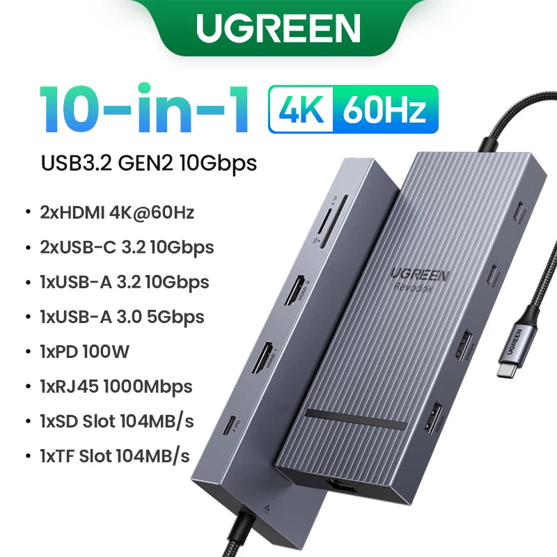 UGREEN USB C HUB 10-in-1 4K60Hz HDMI USB3.2 10Gbps PD100W RJ45 SDTF USB Splitter for Laptop Macbook Pro Air iPad Docking Station Setup Lord