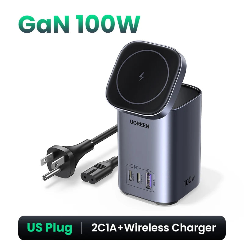 UGREEN GaN 100W Desktop Charger MFi Magnetic Wireless Charger for iPhone 17 16 15 Fast Charger Power Station for Laptop Notebook Setup Lord