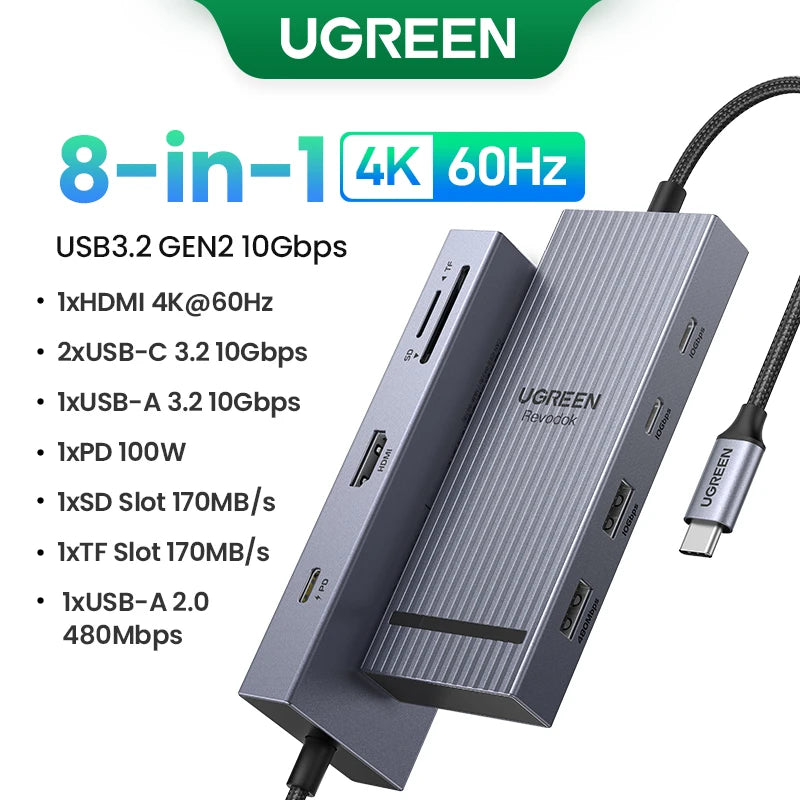 UGREEN USB-C HUB 9-in-1 4K60Hz HDMI PD100W RJ45 SD/TF USB3.2 Gen2 10Gbps for Laptop Accessories Dell MacBook HP Splitter Docking Setup Lord