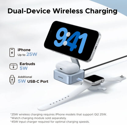 UGREEN Qi2.2 25W 2-in-1 Magnetic Wireless Charger Stand Fast Charging Stand Charger For iPhone 16 17/AirPods Magflow Charger Setup Lord