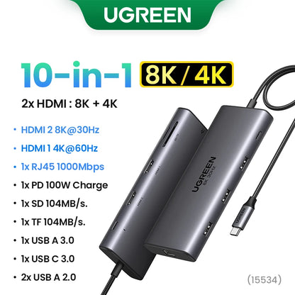 UGREEN 13-in-1 USB-C HUB Triple Display 4K Dual HDMI DP 10Gbps USB3.2 PD100W SD/TF Docking Station for MacBook Pro Air Dell XPS Setup Lord