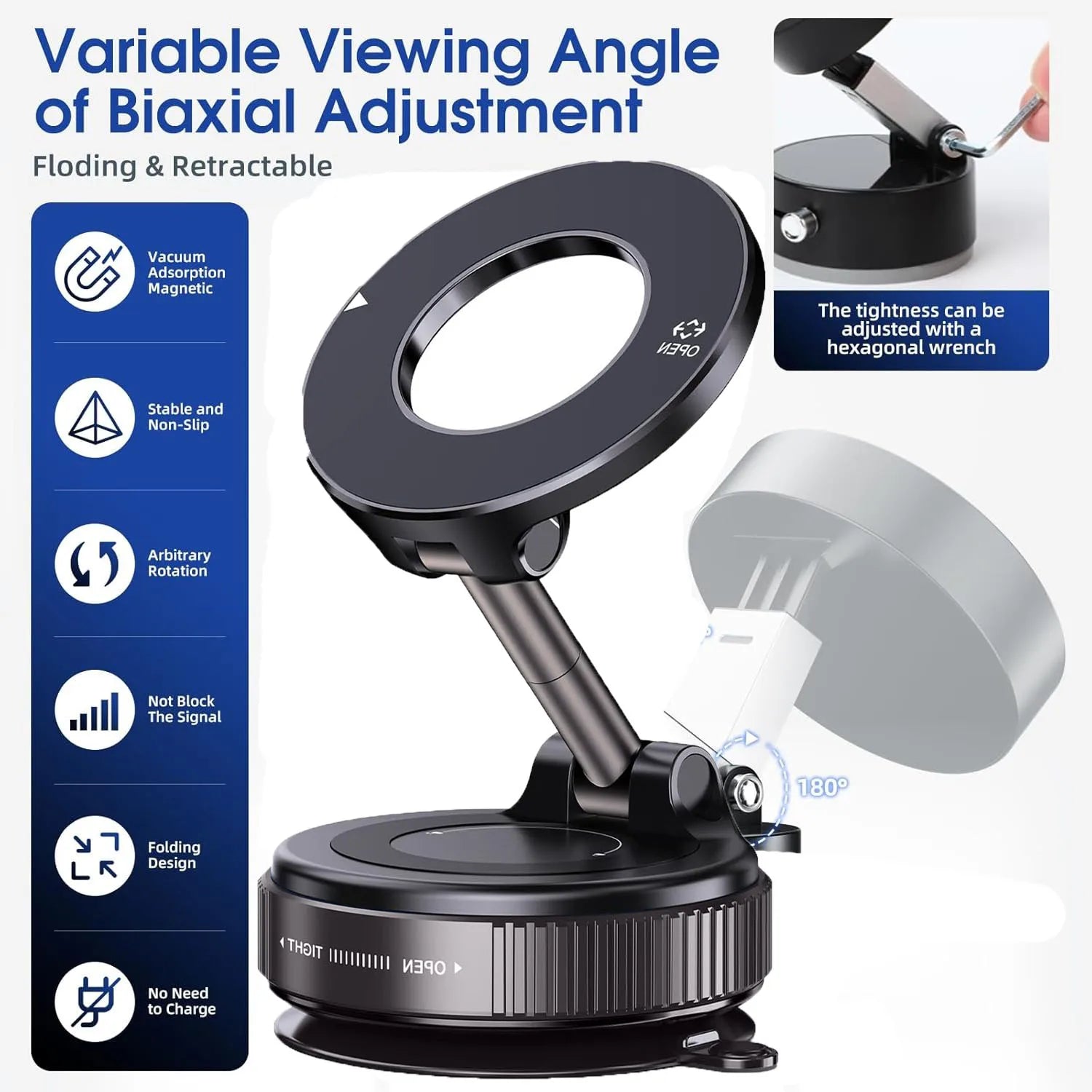 Upgraded Aluminum Alloy Vacuum Magnetic Car Phone Holder with 360° Rotation & Foldable Design Strong Magnetic Absorption Setup Lord