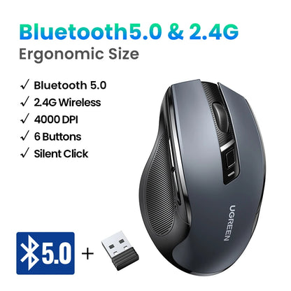 UGREEN Wireless Mouse Bluetooth5.0 Mouse Ergonomic 4000DPI 6 Mute Buttons Mouse For MacBook Tablet Laptops Computer PC 2.4G Mice Setup Lord