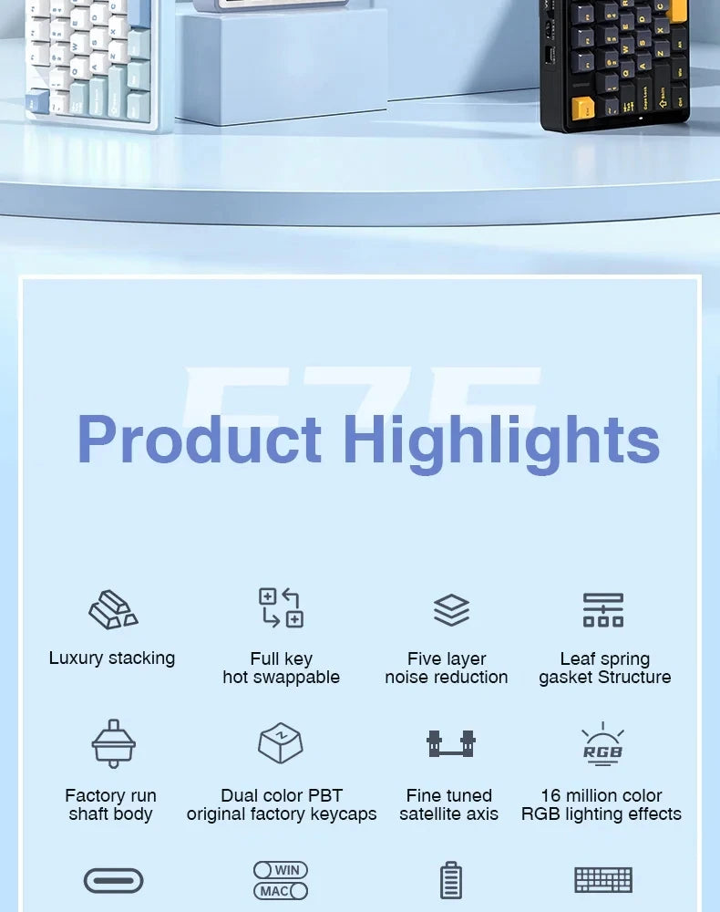 AULA F75 2.4G Wireless/Bluetooth/Wired Gaming Mechanical Keyboard RGB Customized 75% Layout OEM Profile Gasket Structure Red Magic