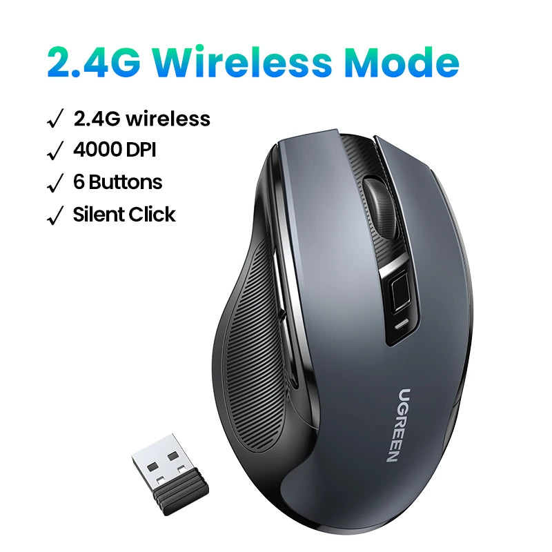 UGREEN Wireless Mouse Bluetooth5.0 Mouse Ergonomic 4000DPI 6 Mute Buttons Mouse For MacBook Tablet Laptops Computer PC 2.4G Mice Setup Lord