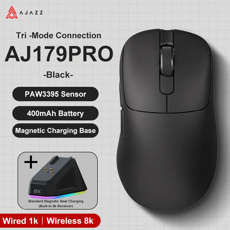 AJAZZ AJ179 PRO PAW3395 Lightweight Wired Wireless Mouse with Magnetic Charging Base Ergonomic Macro Gaming Mouse for PC Laptop Red Magic