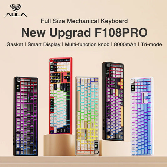 AULA F108 pro Wireless Bluetooth Keyboard Macro Gaming keyboard Gasket Hot-swap Full Size Keyboard with TFT Smart Display Red Magic