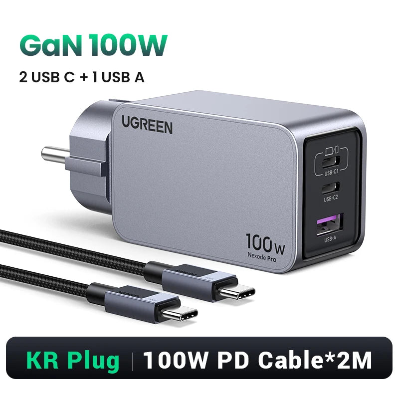【Korean Plug】UGREEN 100W GaN Charger PD Fast USB C Charger QC4.0 3.0 Quick Charge For Macbook Laptop Tablet iPhone 17 16 Pro Setup Lord