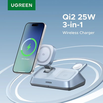 UGREEN Qi2 25W MAX Magnetic Wireless Charger Stand 3- in-1 Charging For iPhone 17 Pro Max/AirPods 4 For MagSafe Fast Charger Setup Lord